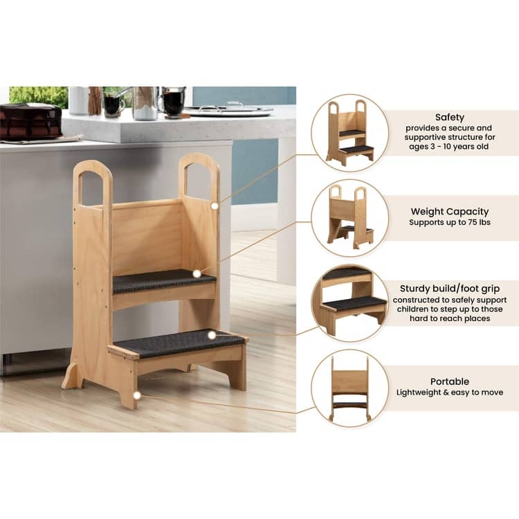Kids Wooden Kitchen Step Stool with Safety Rails and Anti-Slip Mat, Kids Countertop Step Stools for Kids