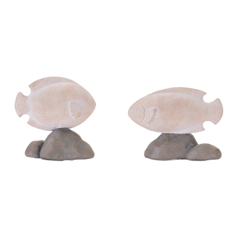 Fish on Rock Decorations - 6.5" - Beige and Gray - Set of 4