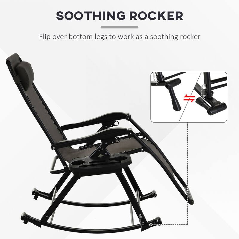 Outdoor Folding Reclining Rocking Chair, Anti-Gravity Rocker with Pillow, Cup & Phone Holder, Sturdy Frame for Patio & Camping