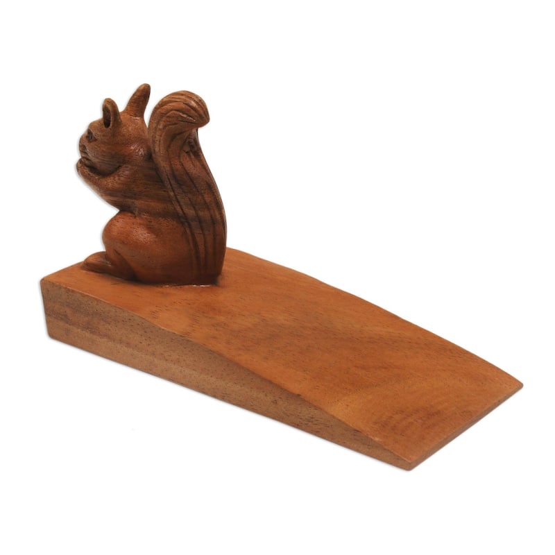 Novica Handmade Helpful Squirrel In Brown Wood Doorstop