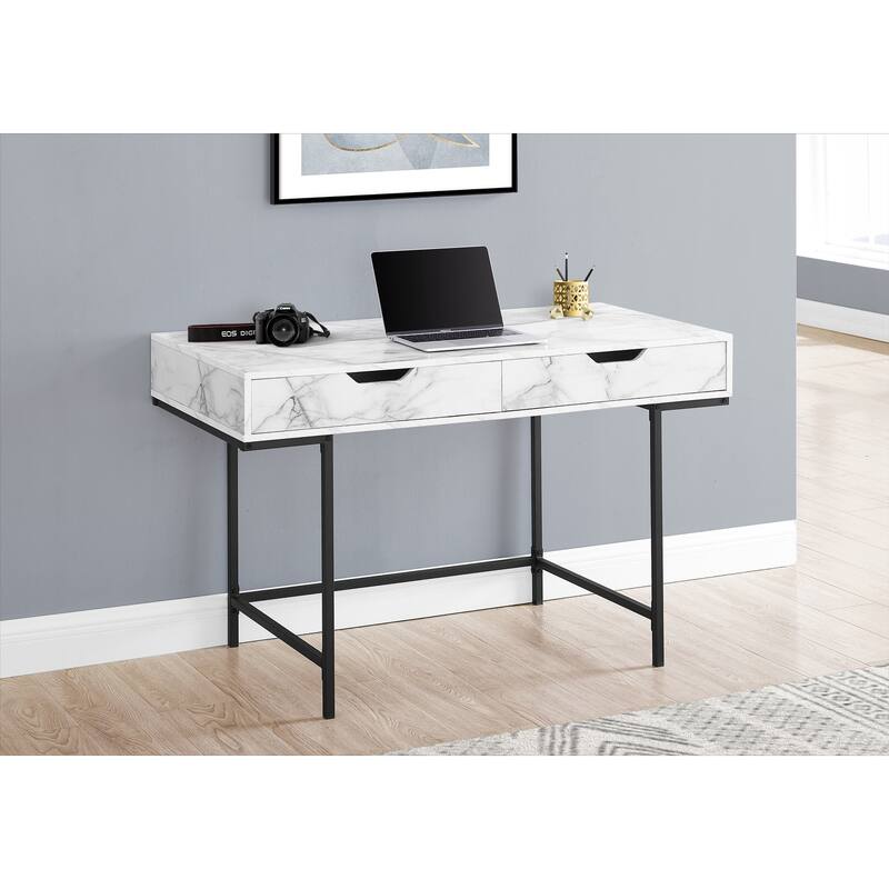 Modern Computer Desk with 2 Drawers & Metal Base - White Marble+Black