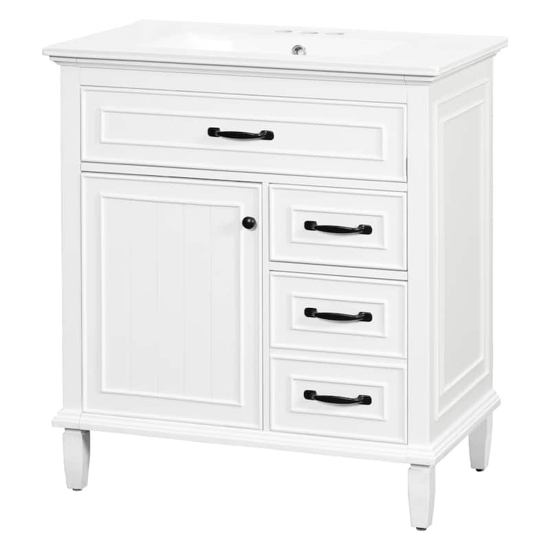 30 Inch Bathroom Vanity with Ceramic Sink Top, Flip Drawers, Freestanding Storage Cabinet (Faucet Not Included)