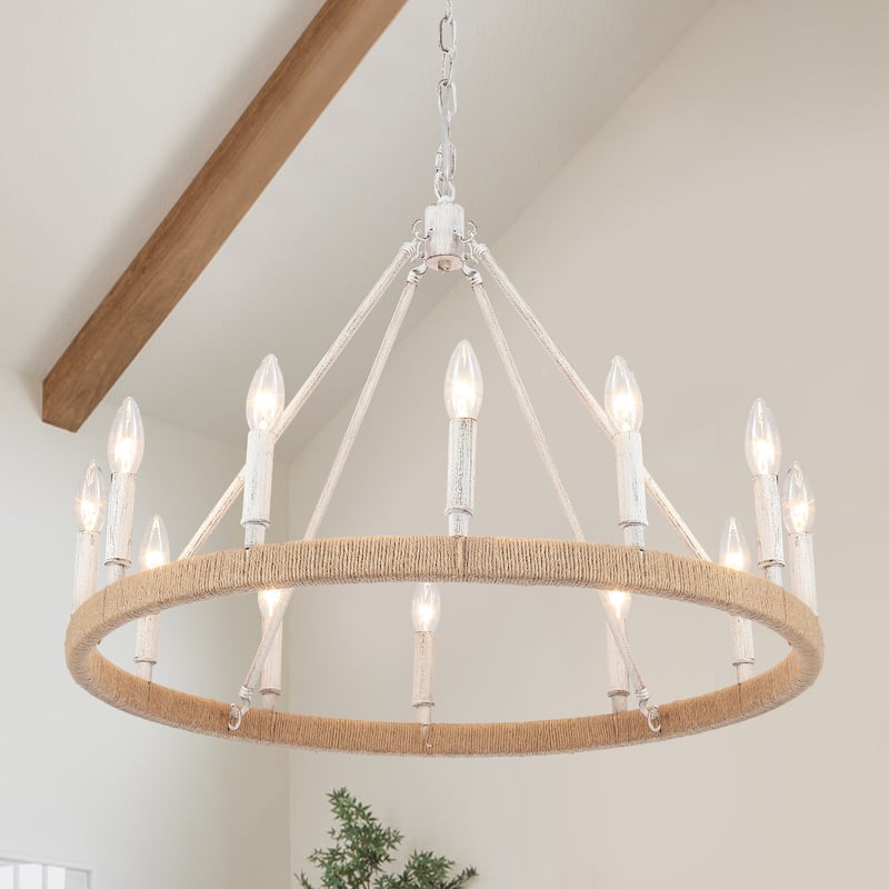 12-Light W26.77" x H78.74" Hemp Rope Wagon Wheel Chandelier for Living Room - Antique Distressed Beige