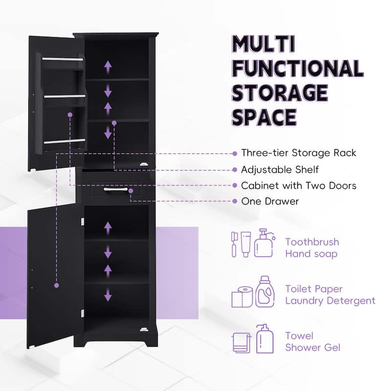 Roomfitters 63" Tall Bathroom Storage Cabinet, Freestanding Linen Tower with Door-Mounted Shelves and Drawer, Black