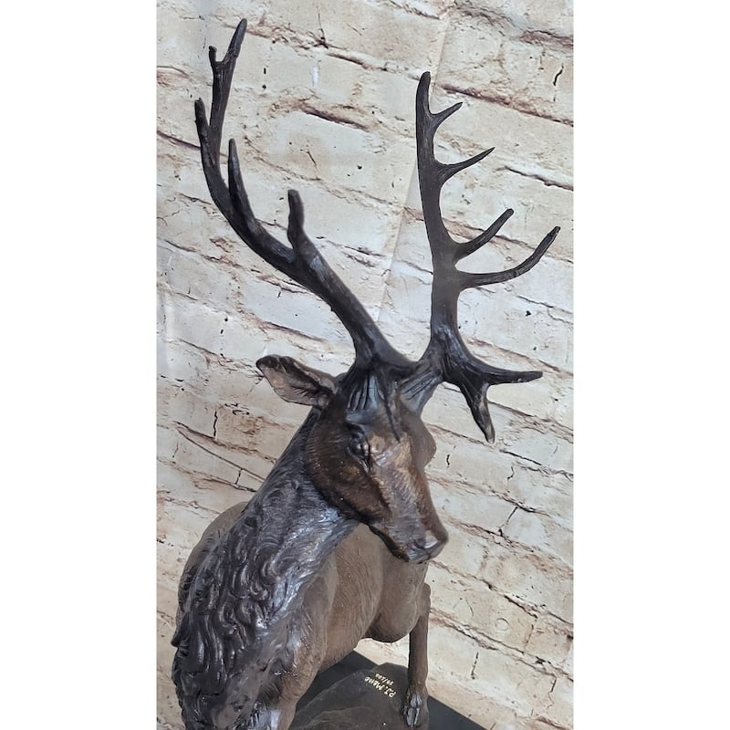 Elk Reindeer Caribou Stag Buck Wildlife Bronze Statue Sculpture On Marble Base