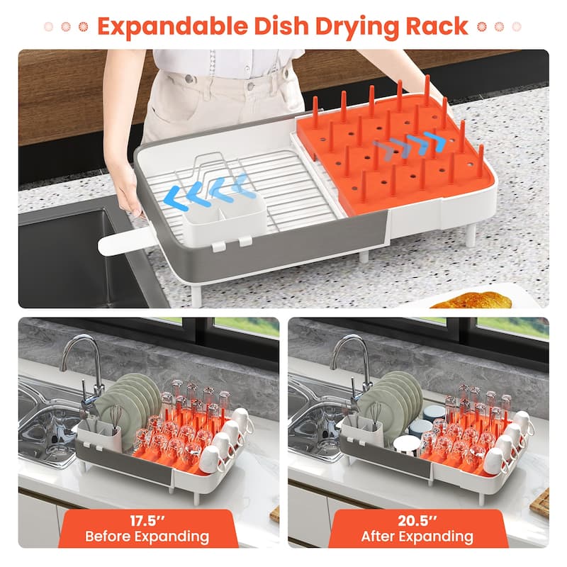 SUGIFT Expandable Dish Drying Rack Adjustable Dual-Part Dish Drainer with Detachable Utensil Holder