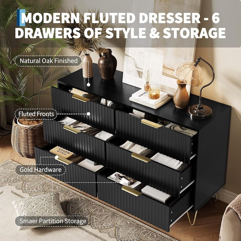 47" Wide Modern Fluted Dresser for Bedroom with 6 Drawers
