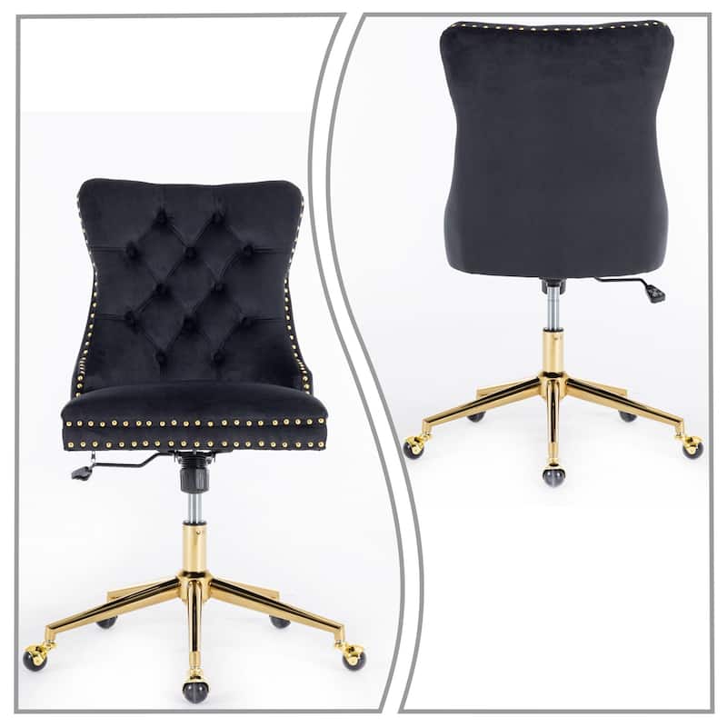 Elegant Luxurious Velvet Upholstered Office Chair with Wooden Frame and Gold Metal Base