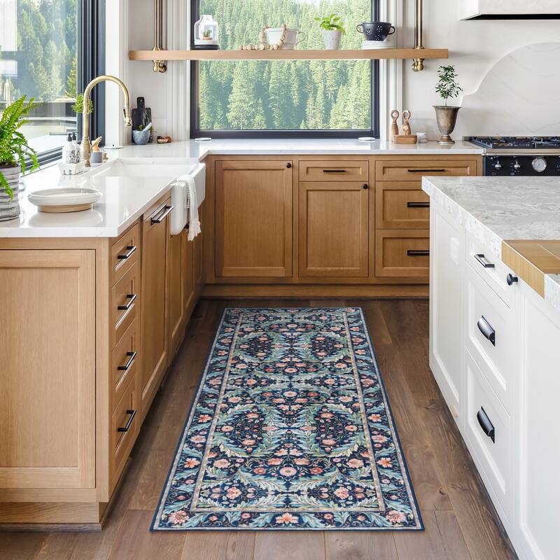 Gertmenian Crystal Print Soft Flat Pile Polyester Slip Resistant Washable Indoor Printed Area Rug Collection - 2' 2" x 6' - Altair Navy - Runner