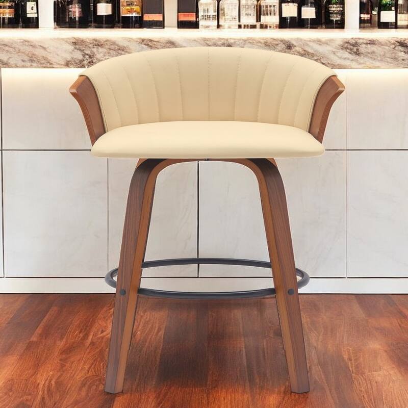 Faux Leather Swivel Counter Height Stool with Solid Wood Frame, Arms and Footrest