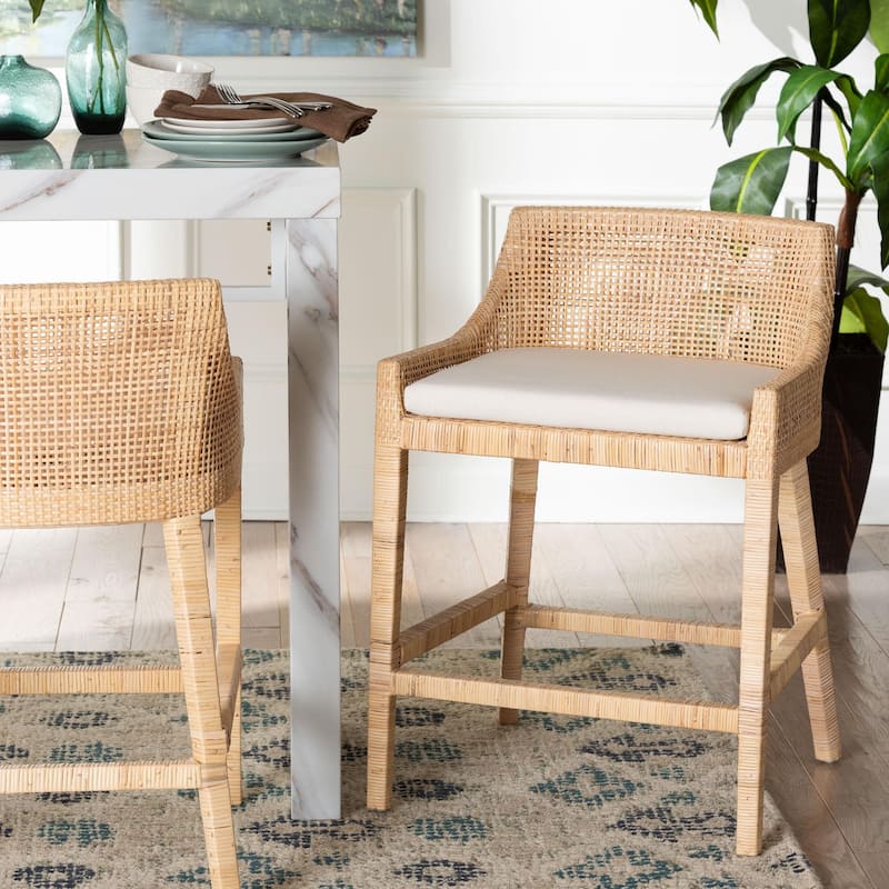 Beata Natural Rattan Counter Stool - Handcrafted Wingback Counter Chair with Removable Cushion, Coastal Boho Style