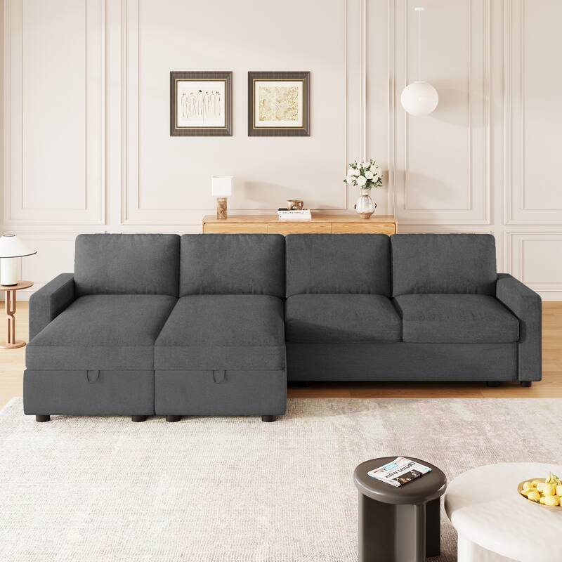 103.9" U-shaped Dark Gray Convertible Sofa with Storage Chaise & USB Ports, Polyester