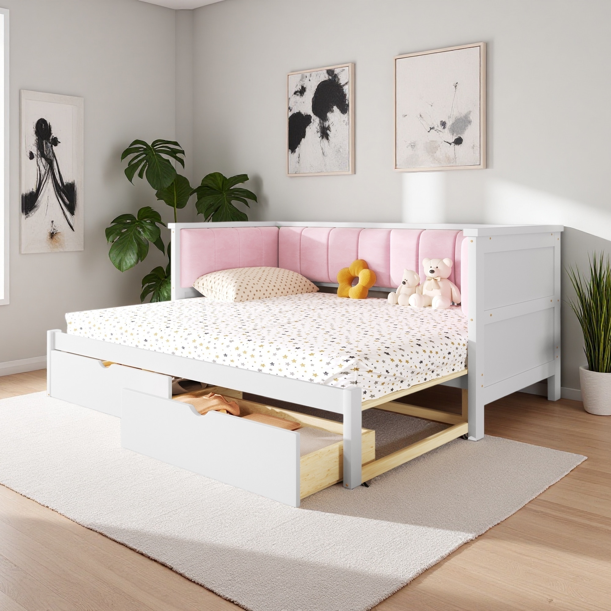 Twin XL to King Size Velvet Upholstered Daybed with Storage Drawers and Trundle
