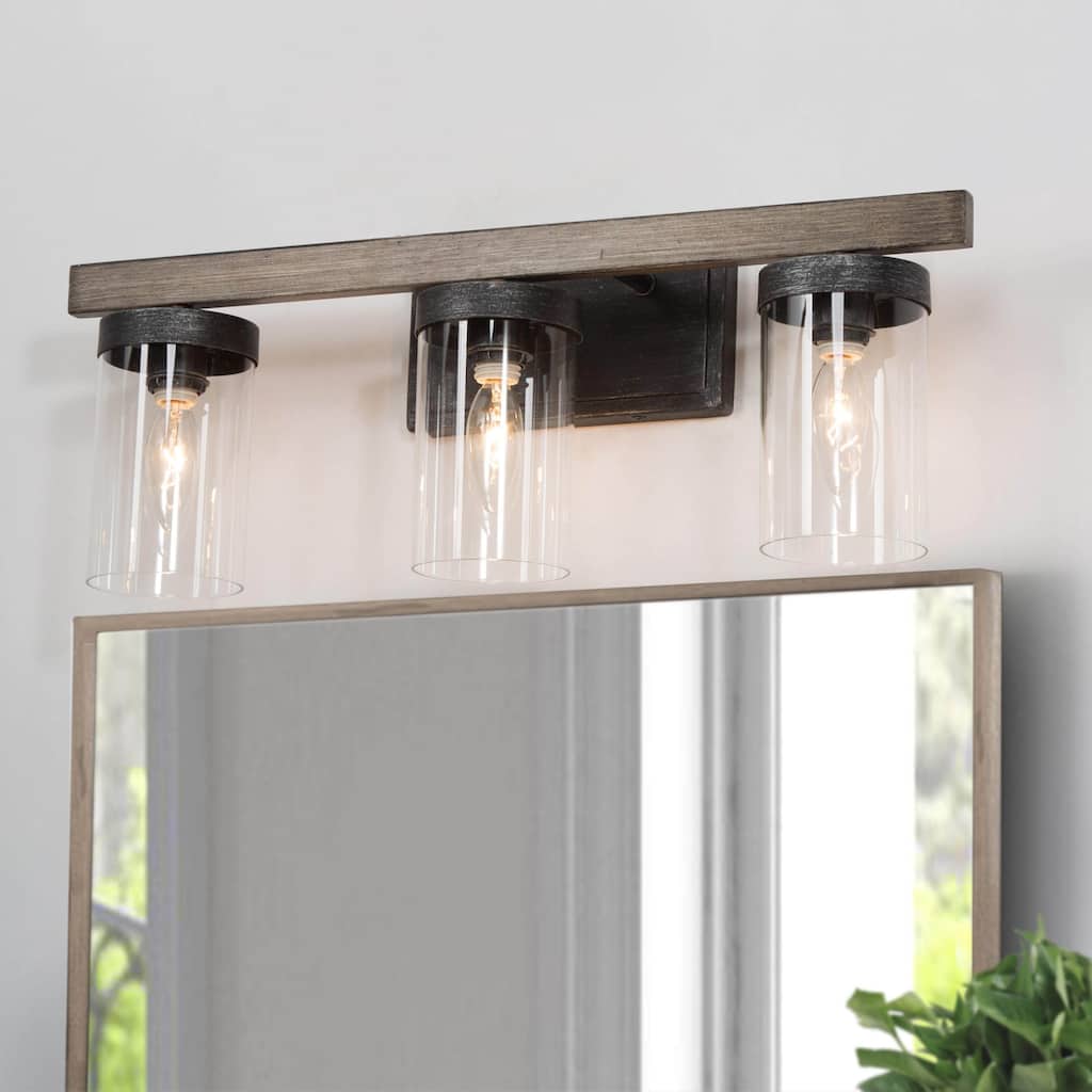 Fora Modern Farmhouse Glass 3-Light Bathroom Vanity Light Wood Grain Wall Sconce - Grey - L21.7'' * W5.5'' * H8.5''