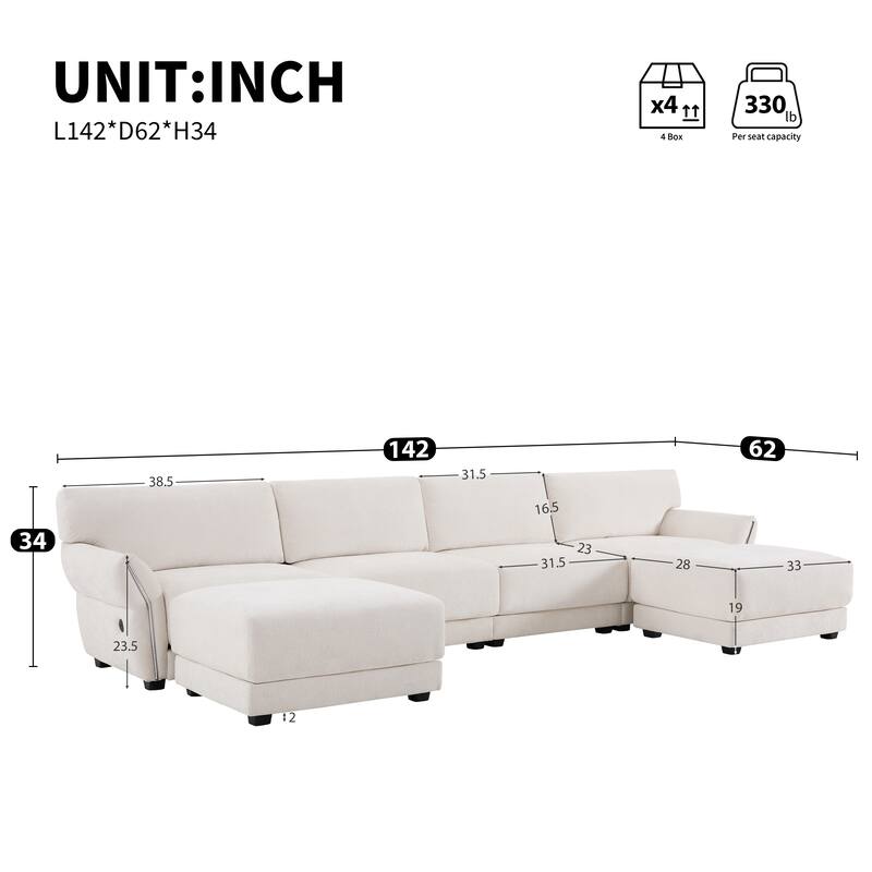 142" Chenille U-Shaped 6-Seater Sectional Sofa with USB/Type-C Charging, Petal Armrests and Free-Move Ottoman