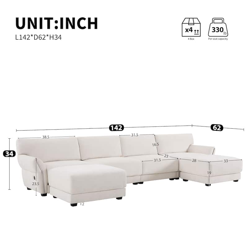 142" U-Shaped Chenille Sectional Sofa with USB & Petal Armrests