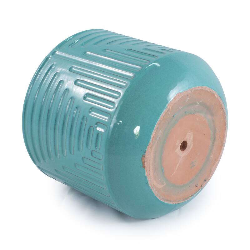 Turquoise Ceramic Planter - 16 Inch Square Modern Striped Flower Pot with Drainage Hole