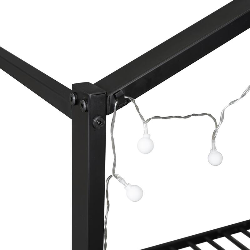 Metal Wood House Bed with Shelves & Lights