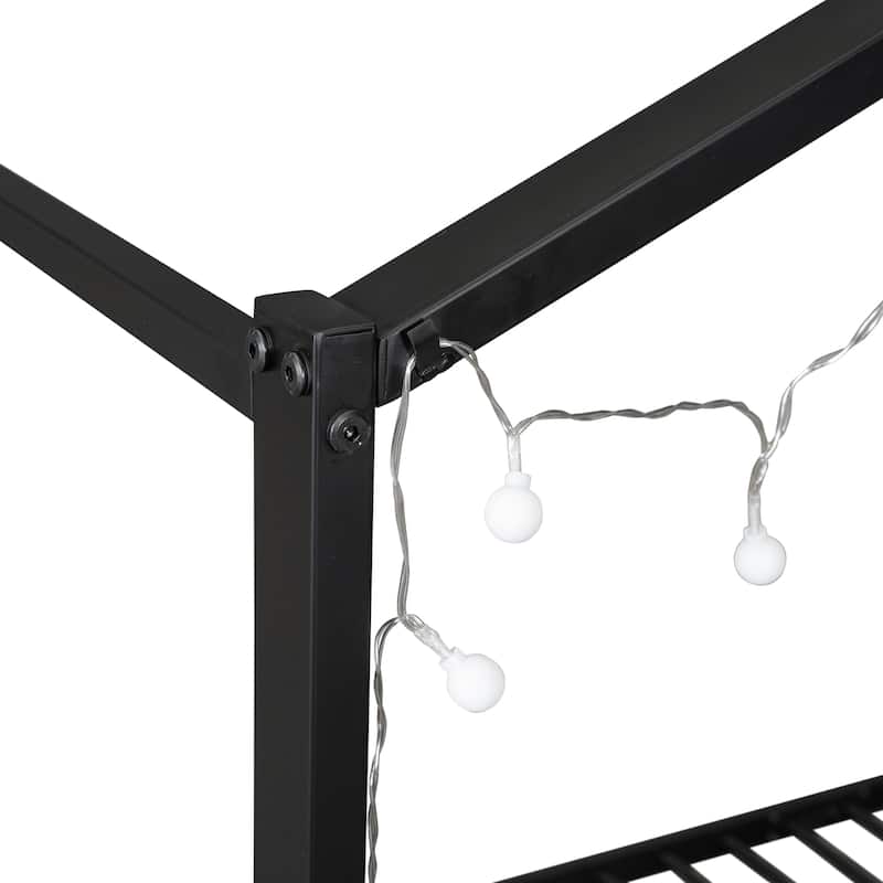 Twin Size Metal Bed House Bed Frame with Shelves and Lights, Black