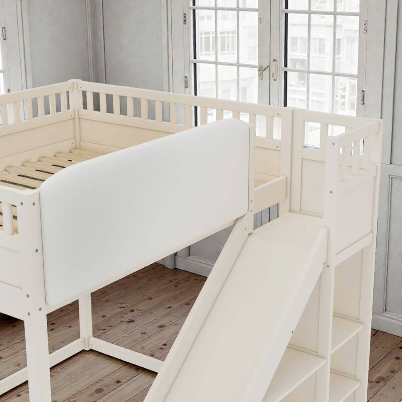 Loft Bed with Upholstered Headboard, Storage Shelves, Ladder and Slide, Solid Wood Frame