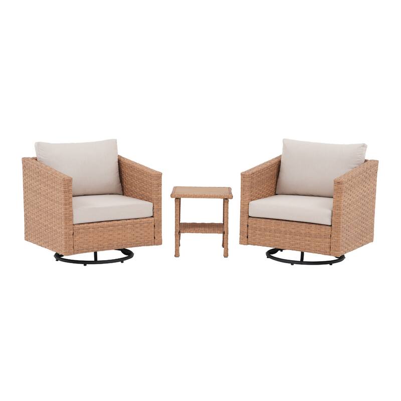3-piece Cushioned Patio Wicker Swivel Chairs Set with Side Table Outdoor Armchair Sofa Set