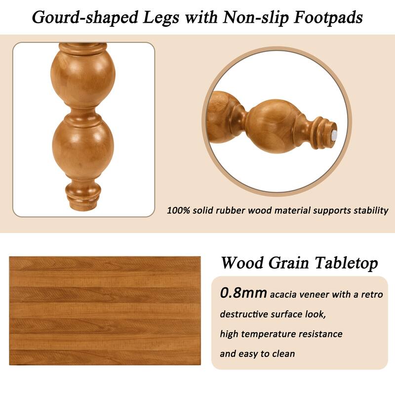 Solid Wood Table Sets of 3 with Coffee Table and 2 End Tables, Vintage Tables with Storage Drawers and Unique Gourd-Shaped Legs