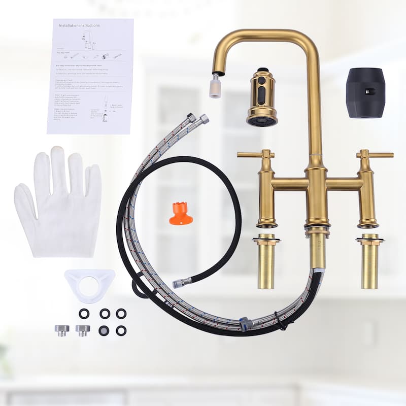 WOWOW Double Handle Bridge Kitchen Faucet with Advanced Spray