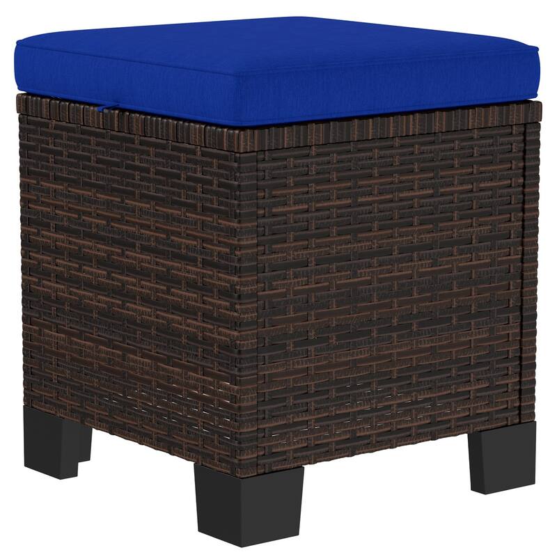 Set of 2 Outdoor Ottomans Wicker with Cushions Steel Frame for Patio Balcony Yard - 15.7" W x 15.7" D x 18.1" H