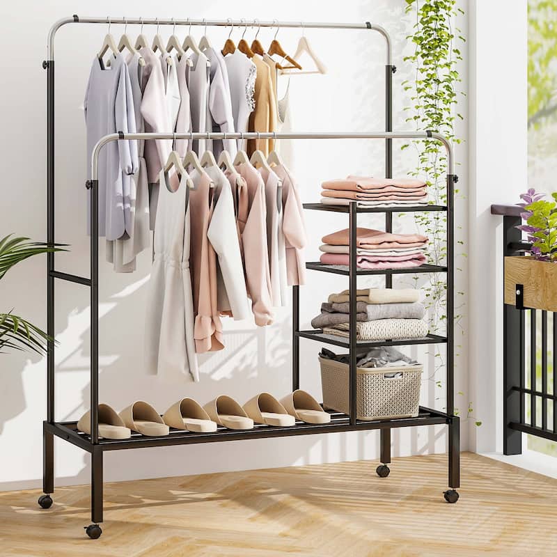 Costway Rolling Clothes Drying Rack Double Rods Garment Rack with - See Details