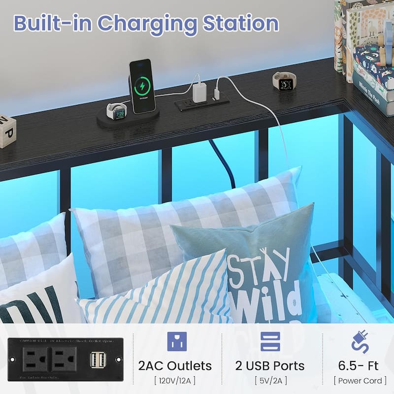 Corner Bed Frame 2 Storage Drawers Daybed Charging Station LED Lights