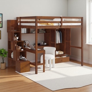 Full Size Pine Wood Loft Bed with L-Shaped Desk, Bookshelves Wardrobe ...