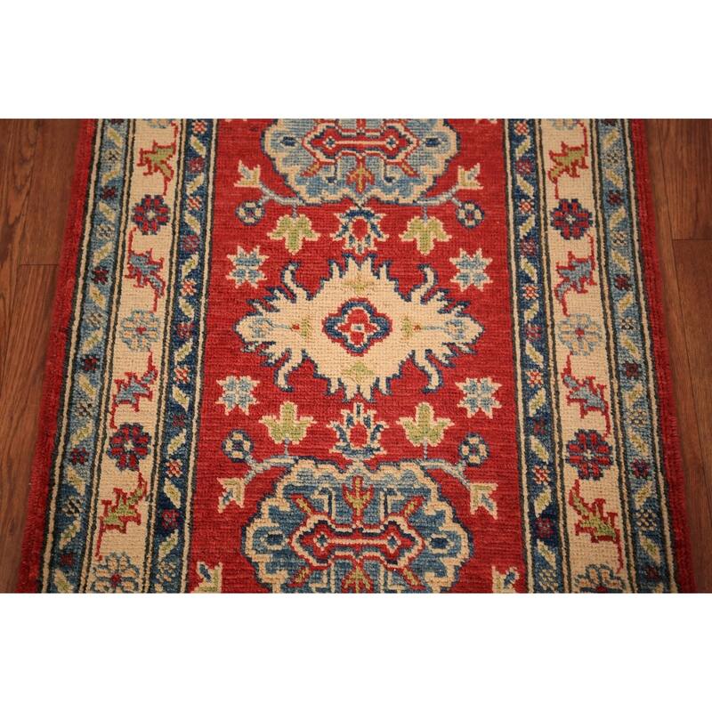 Geometric Kazak Accent Rug Traditional Handmade Red Wool Carpet - 2'0" x 3'0"