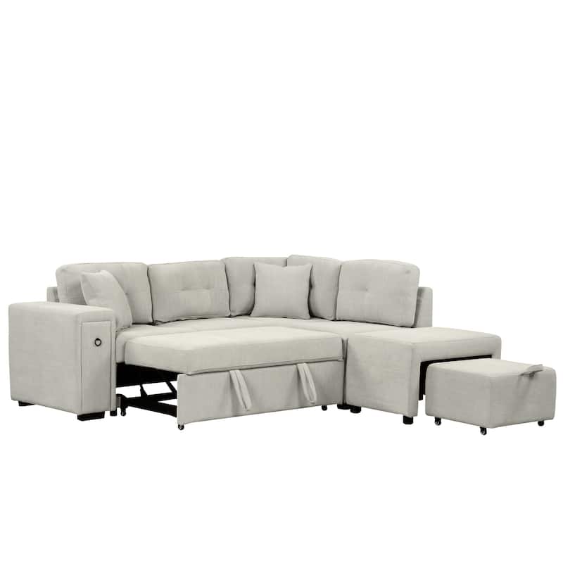 86.6" L-shaped Sleeper Sofa Bed Set with Ottoman and Cup Holders