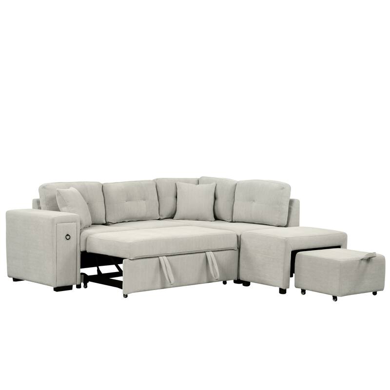 Convertible Sectional Sofa Bed with Ottoman, Chenille L-Shaped Pull Out Couch with Drawer 2 USB Ports & 2 Cup Holders