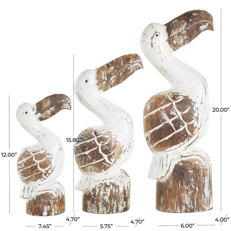 Wood Pelican Handmade Distressed Decorative Sculpture with Brown Accents - Set of 3 White - Roche River Decor