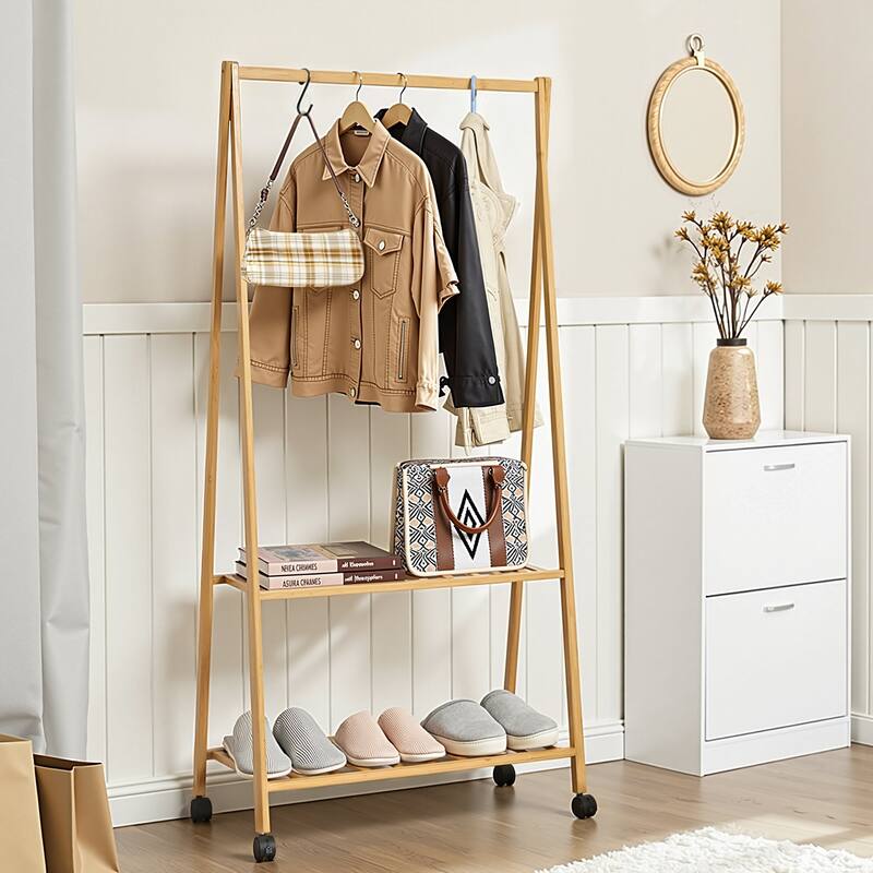 Javlergo 59/53 Inch Tall Bamboo Coat Rack with 2 Shelves 4 Wheels & Hooks Multi-Functional Freestanding Clothes Rack for Bedroom - 53 Inches High
