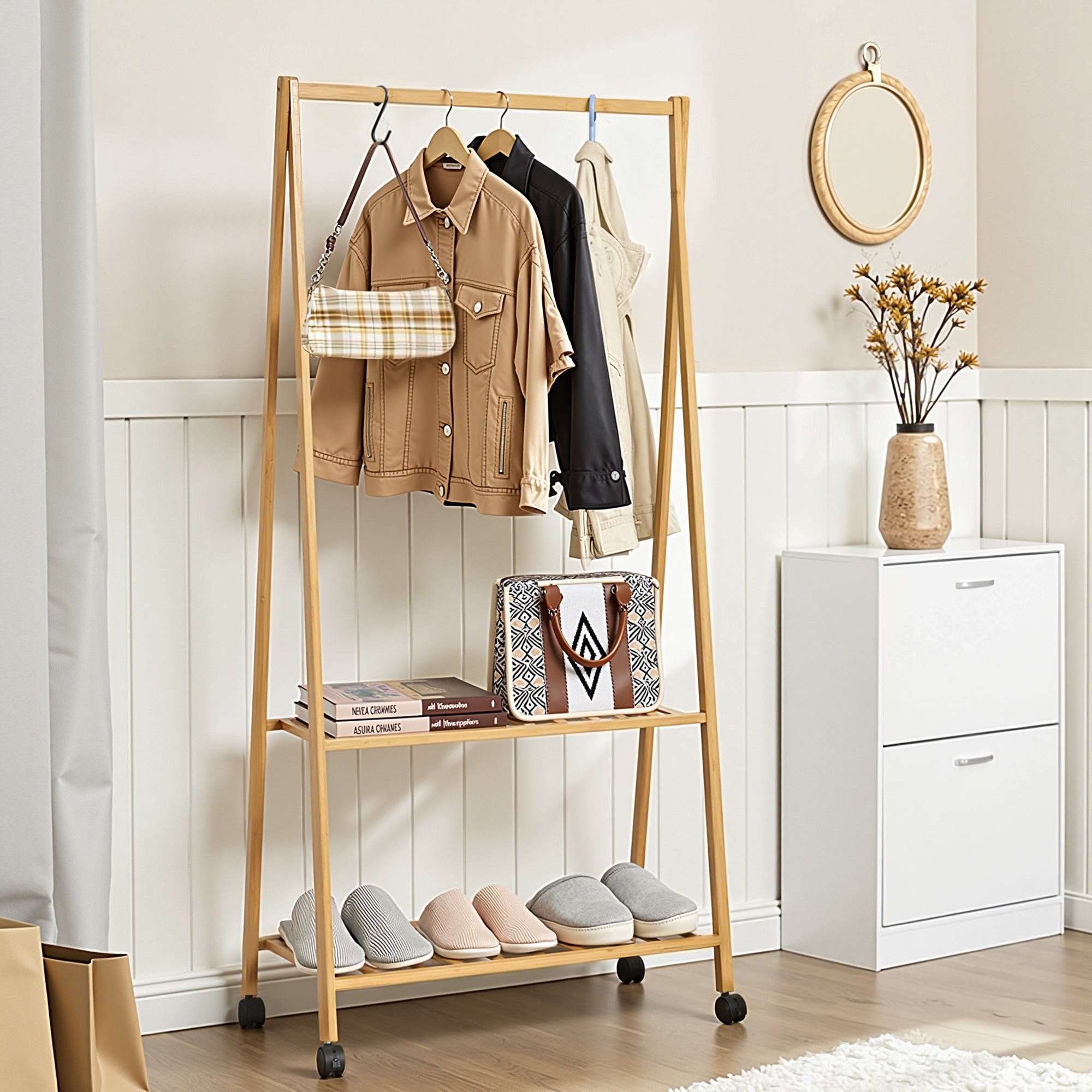 Javlergo 59/53 Inch Tall Bamboo Coat Rack with 2 Shelves 4 Wheels & Hooks Multi-Functional Freestanding Clothes Rack for Bedroom