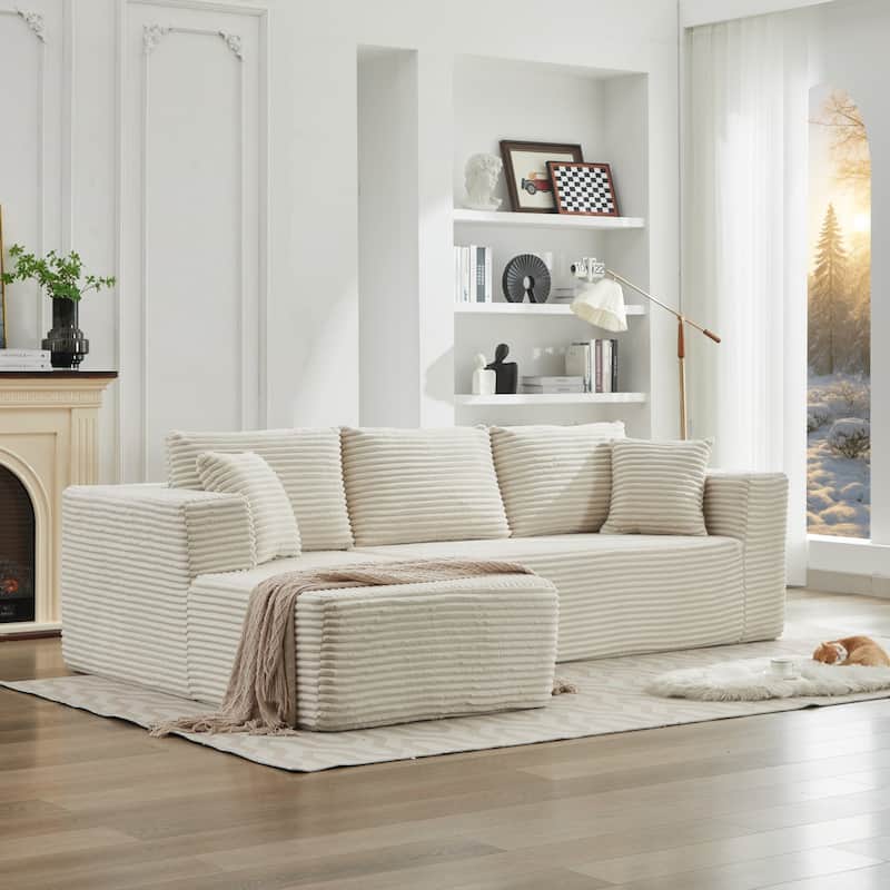 106" Corduroy Upholstery L-Shaped Cloud Modular Sectional Sofa with Chaise and Pillows, All-Foam Compression Design - Beige Left Facing
