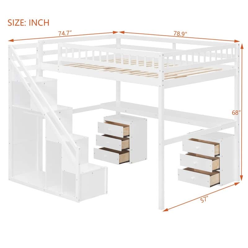 Twin/Full Size Loft Bed with Desk and Light Strip, Storage Bed Frame with Two Chest of Drawers & Clothes Hanging Rod