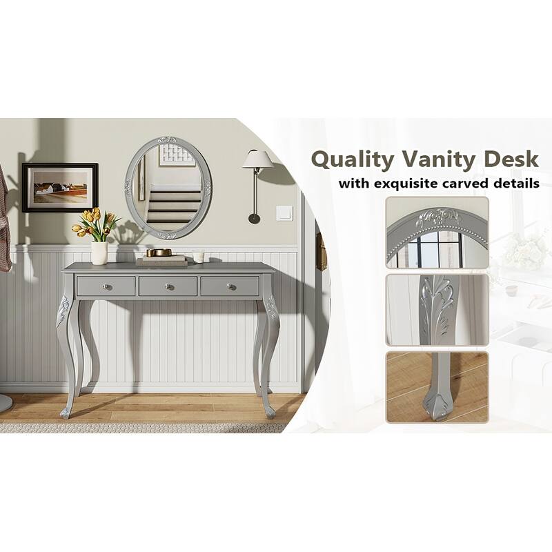Luxury Makeup Vanity Desk with Oval Mirror, 3-Drawer Dressing Table