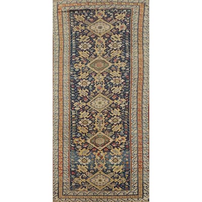 Hand Knotted Oriental 100% Wool Carpet Traditional Geometric Navy Blue & Blues Kazak Area Rug - 10' 9'' X 4' 10''