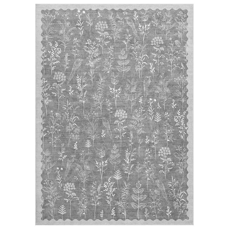 Botanical Washable Area Rug Modern Bird Pattern Rug Soft Non-Slip Low Pile Rugs for Living Room Bedroom