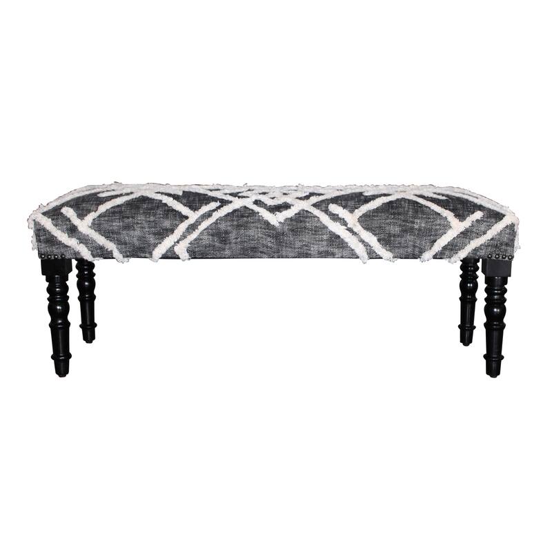 HomeRoots 47" Gray And White Cotton Upholstered Distressed Bench - 47 x 18 x 16