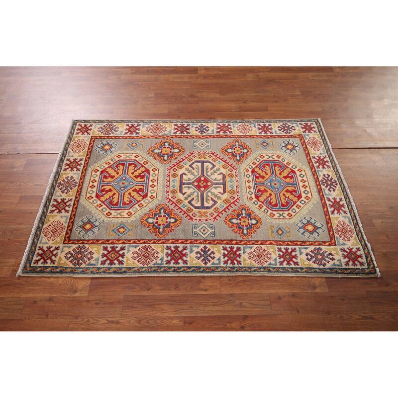 Geometric Kazak Oriental Accent Rug Handmade Wool Carpet - 3'2" x 5'0"