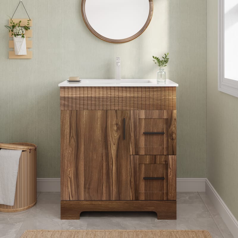 EROMMY Bathroom Vanity with Sink and Faucet, Freestanding Vanity Cabinet with Drawers & Doors, White Ceramic Top