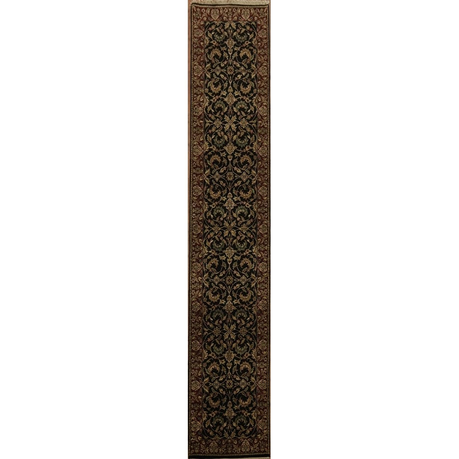 Hand Knotted Oriental 100% Wool Carpet Traditional All-Over Black Agra Runner Rug - 13' 5'' X 2' 5''