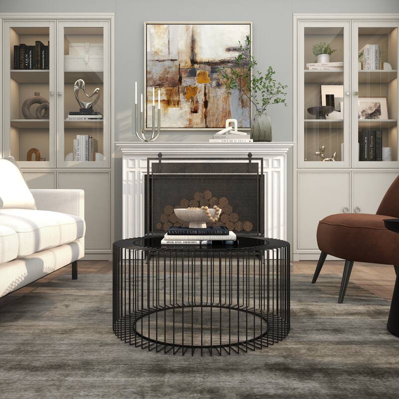 Metal Open Wire Frame Coffee Table with Shaded Glass Top - Black - Roche River Decor