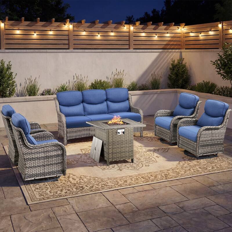 Pocassy Outdoor Propane Fire Table w/ Sofa Swivel Chair Ottoman Funiture Set. - Gray Wicker Blue Cushion - 6-Piece Sofa Swivel Chair w/ Fie Pit Table