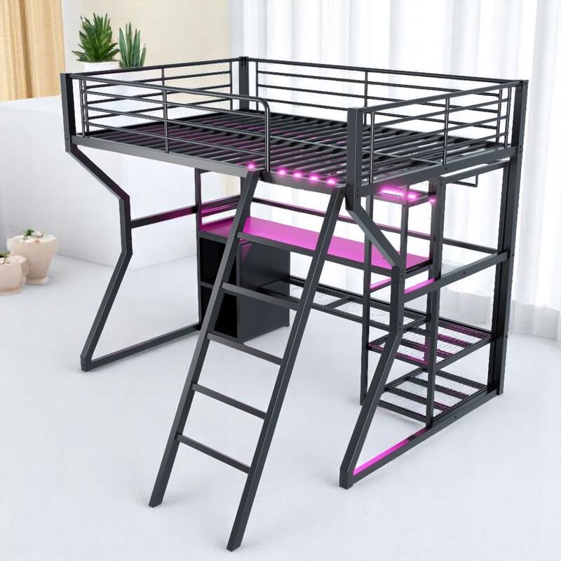 Full Size Metal Loft Bed with Desk, LED Lights, Charging Station, Open Wardrobe & Storage Shelves, Gaming Workstation Loft Frame