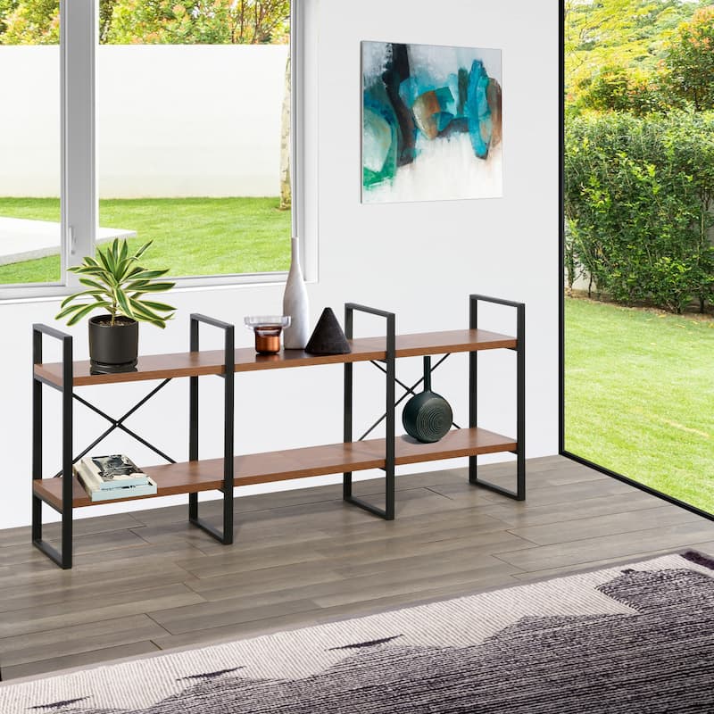 Wilfred Adjustable JD Walnut Wood and Metal Display and Steel Etagere Bookcase - 70.86'' x 28.35'' x 12.52'' - 70.86'' x 28.35'' x 12.52'' - Walnut